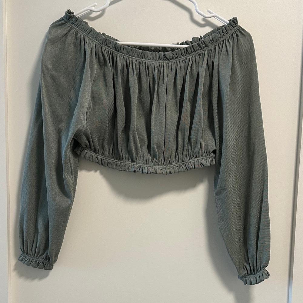 Zara Sage Green Off-Shoulder Cropped Peasant Top